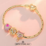 Sterling Silver July Birthday Stone Charms Bracelet Set In 14K Gold Plated (Includes bracelet and all charms shown)