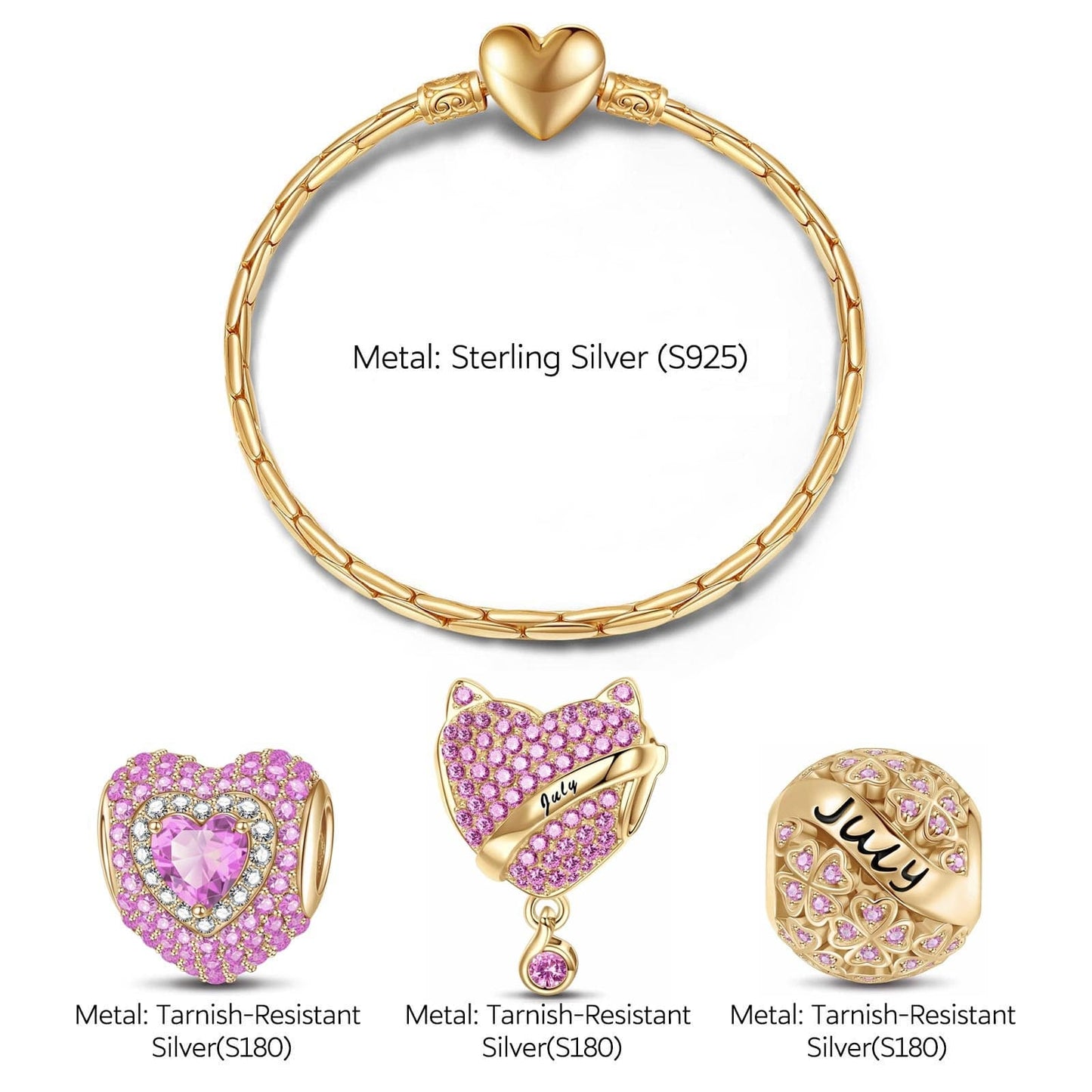 Sterling Silver July Birthday Stone Charms Bracelet Set In 14K Gold Plated (Includes bracelet and all charms shown)
