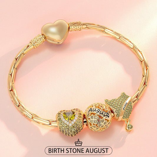 gona- Sterling Silver August Birthday Stone Charms Bracelet Set In 14K Gold Plated (Includes bracelet and all charms shown)