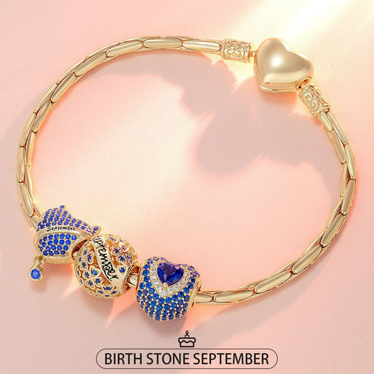 gona- Sterling Silver September Birthday Stone Charms Bracelet Set In 14K Gold Plated (Includes bracelet and all charms shown)