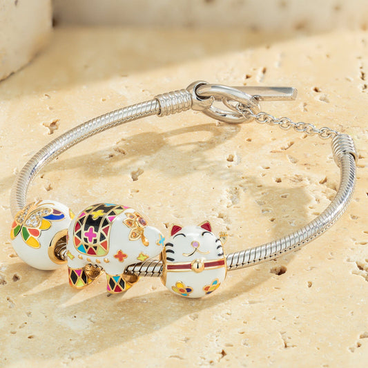gona- Sterling Silver Animals Party Charms Bracelet Set With Enamel In White Gold Plated (Includes bracelet and all charms shown)