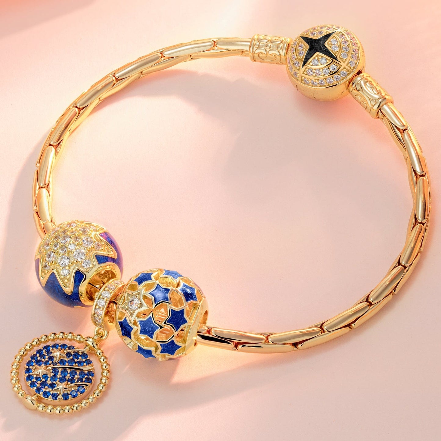 Sterling Silver Blue Starry Night Charms Bracelet Set With Enamel In 14K Gold Plated