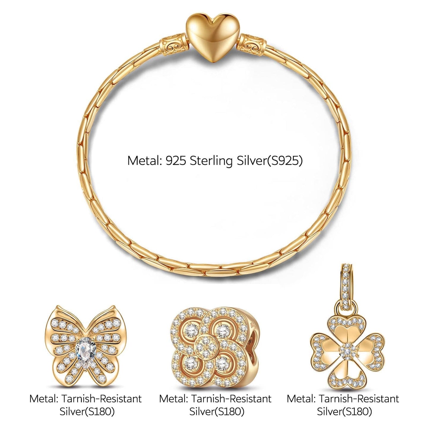 Sterling Silver Spring Garden Charms Bracelet Set In 14K Gold Plated (Includes bracelet and all charms shown)