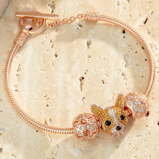 gona- Lucky Corgi Tarnish-resistant Silver Charms Bracelet Set With Enamel In Rose Gold Plated (Includes bracelet and all charms shown)