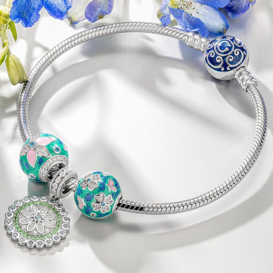 gon- Sterling Silver Mystic Meadows Charms Bracelet Set With Enamel In White Gold Plated