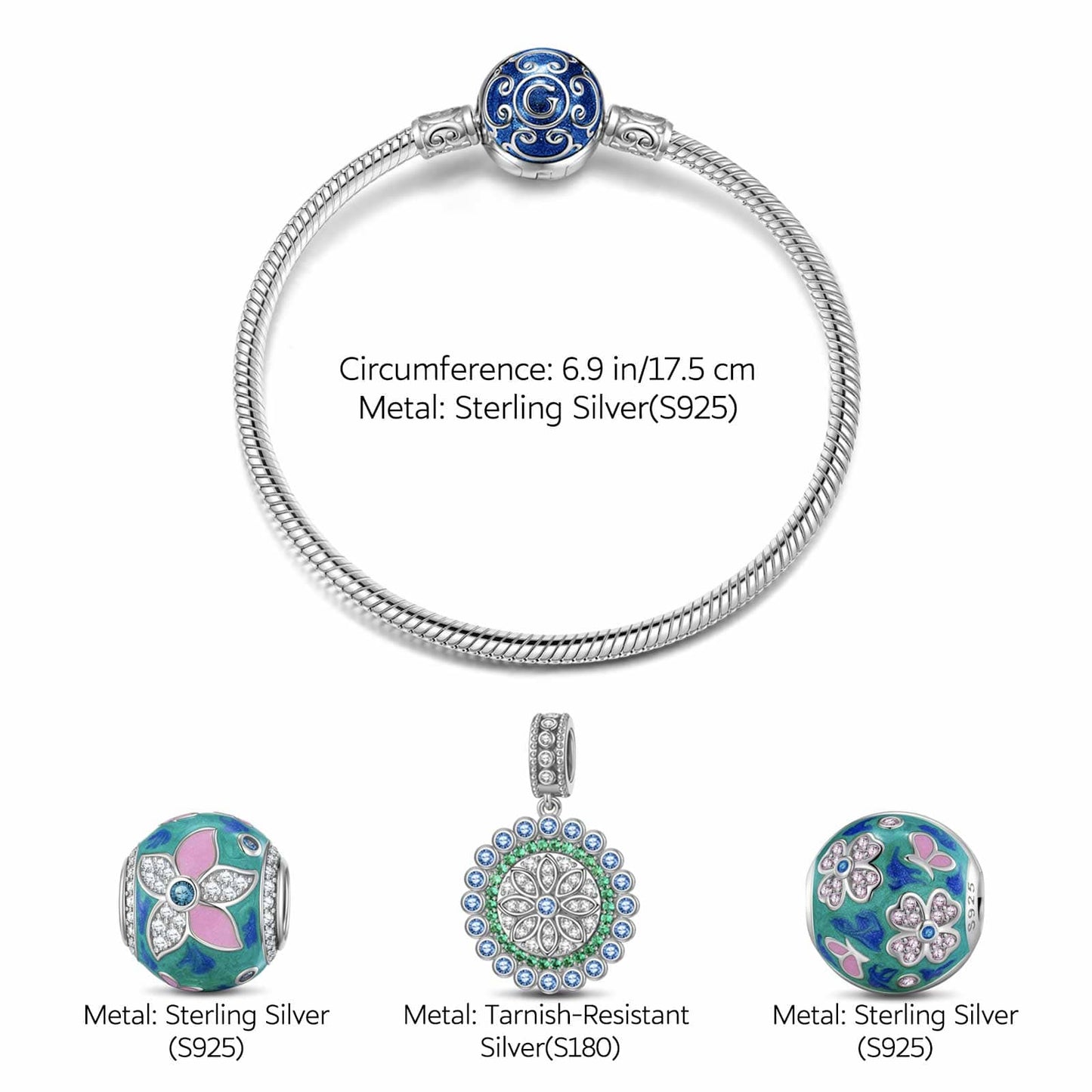 Sterling Silver Mystic Meadows Charms Bracelet Set With Enamel In White Gold Plated