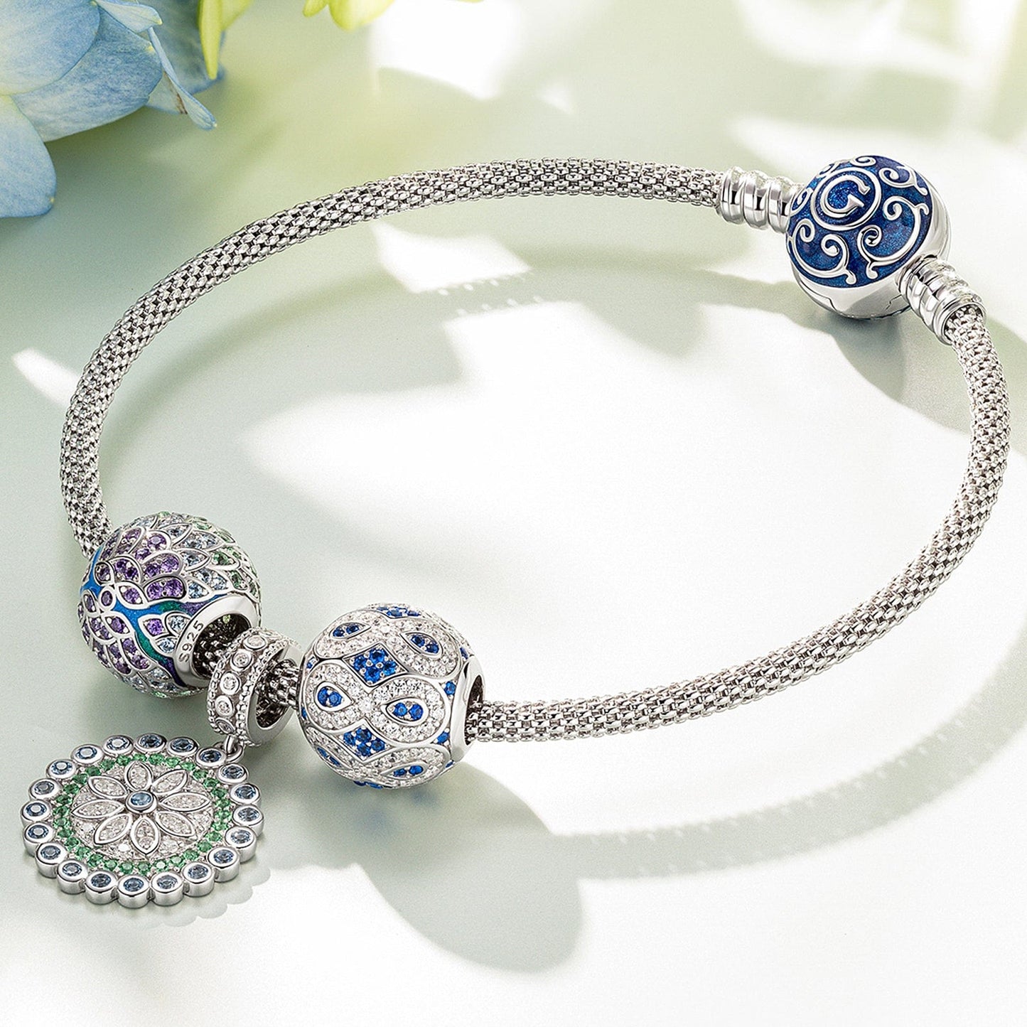 Sterling Silver Infinite Spring Charms Bracelet Set With Enamel In White Gold Plated