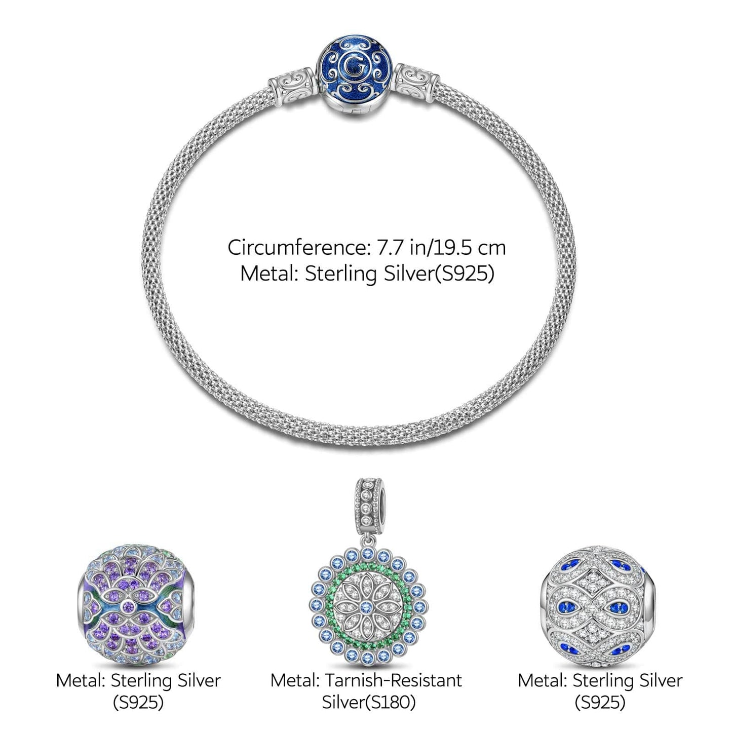 Sterling Silver Infinite Spring Charms Bracelet Set With Enamel In White Gold Plated