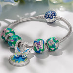 Sterling Silver Emerald Butterfly Dance Charms Bracelet Set With Enamel In White Gold Plated (Includes bracelet and all charms shown)