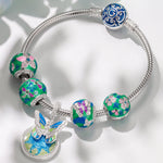 Sterling Silver Emerald Butterfly Dance Charms Bracelet Set With Enamel In White Gold Plated