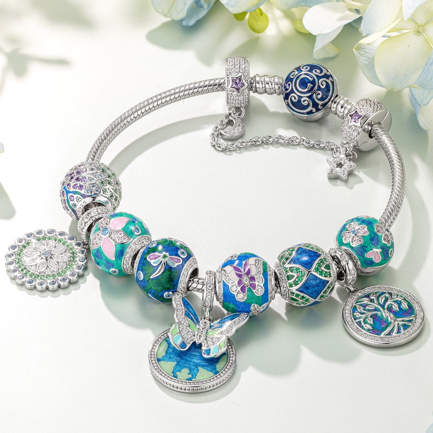 Sterling Silver Emerald Flutter Charms Bracelet Set With Enamel In White Gold Plated (Includes bracelet and all charms shown)