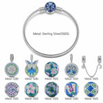 Sterling Silver Emerald Flutter Charms Bracelet Set With Enamel In White Gold Plated (Includes bracelet and all charms shown)