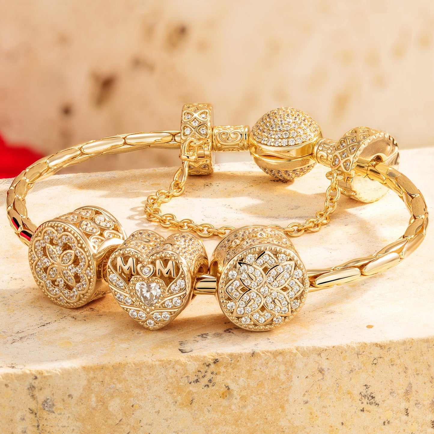 Sterling Silver Golden Love for Mom Charms Bracelet Set In 14K Gold Plated