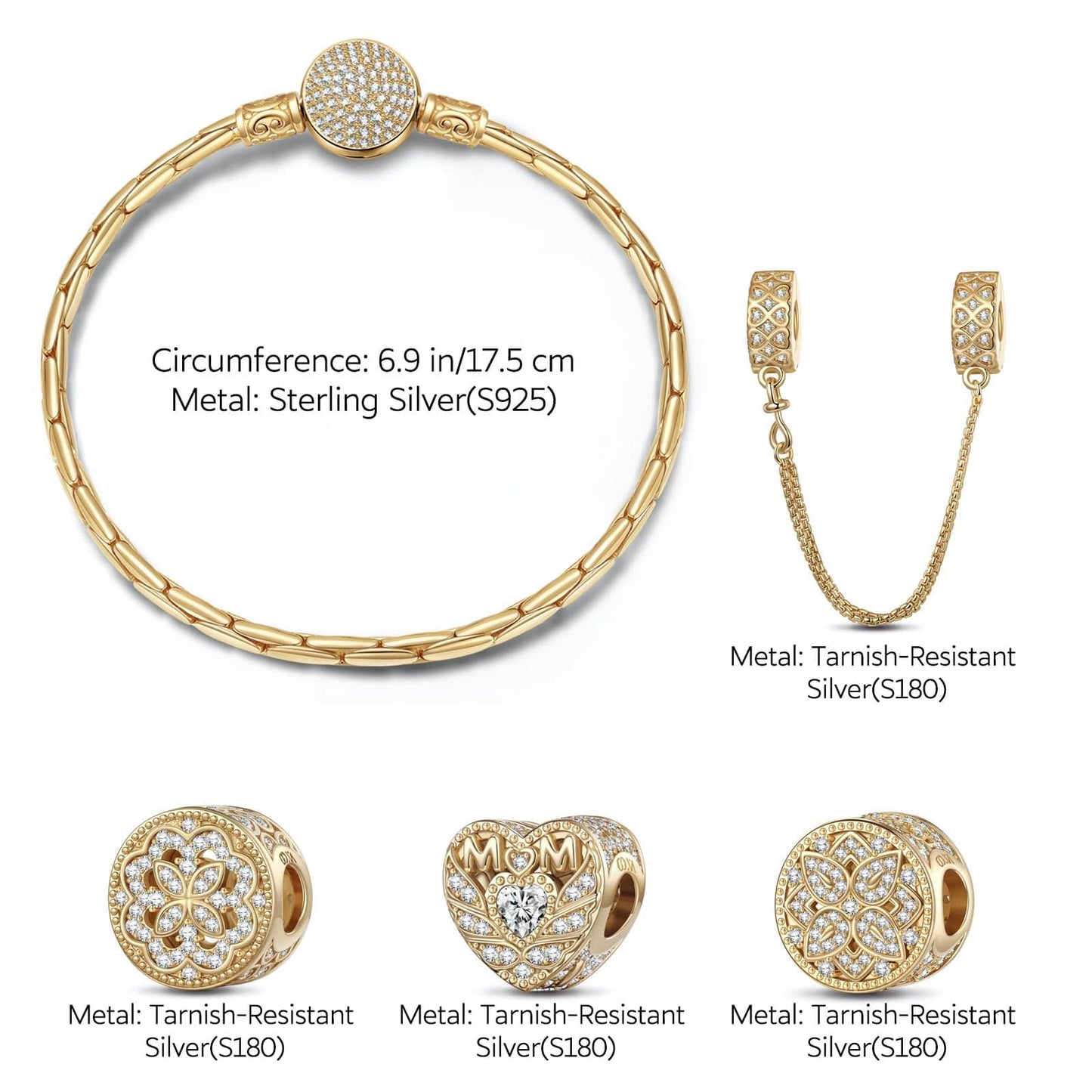 Sterling Silver Golden Love for Mom Charms Bracelet Set In 14K Gold Plated