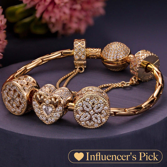 gon- Sterling Silver Golden Love for Mom Charms Bracelet Set In 14K Gold Plated