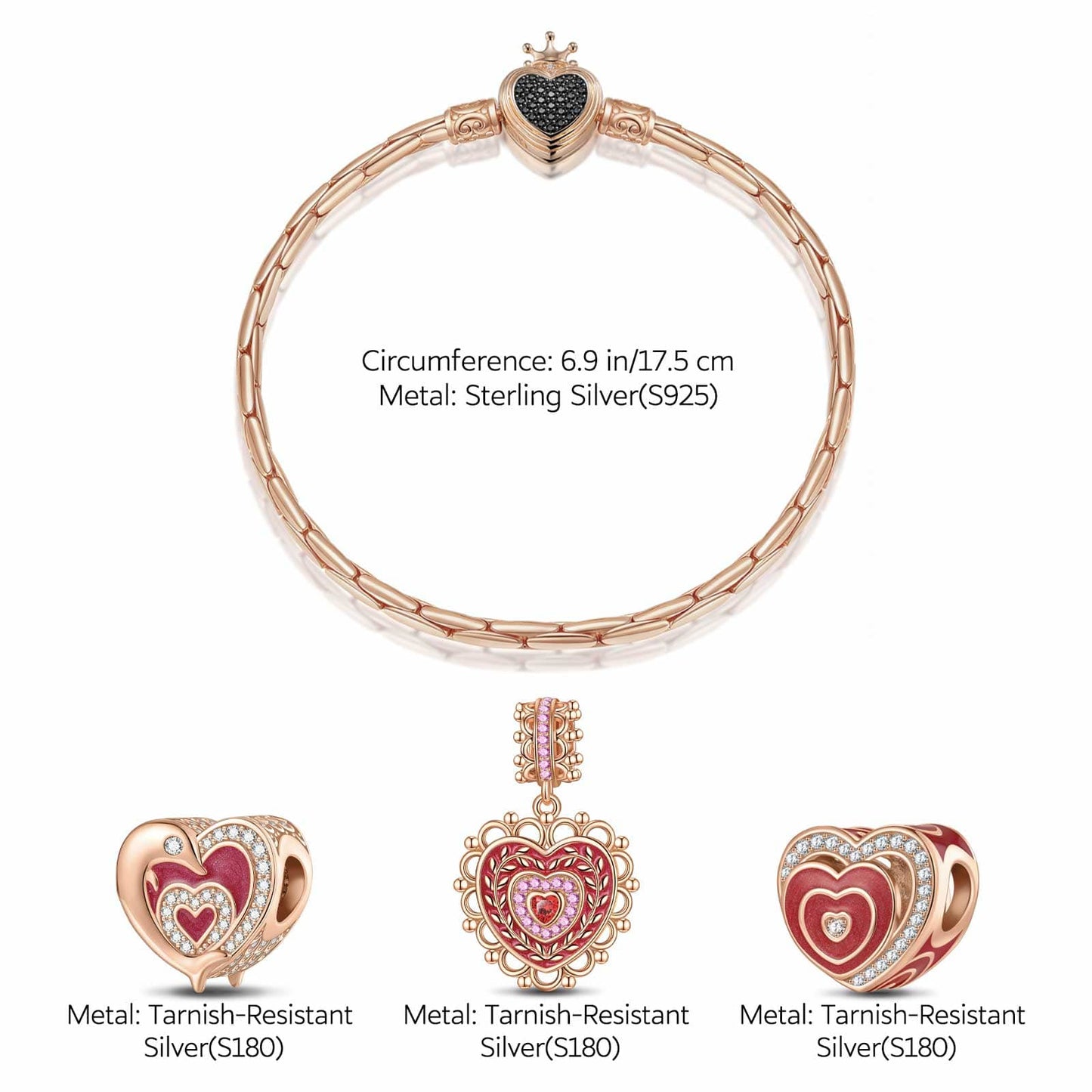 Sterling Silver Loving Embrace Charms Bracelet Set With Enamel In Rose Gold Plated