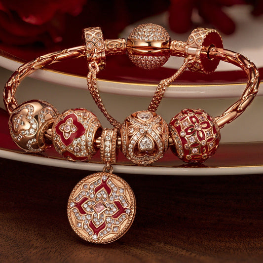 gona- Sterling Silver Monaco Red Clover Charms Bracelet Set With Enamel In Rose Gold Plated (Includes bracelet and all charms shown)