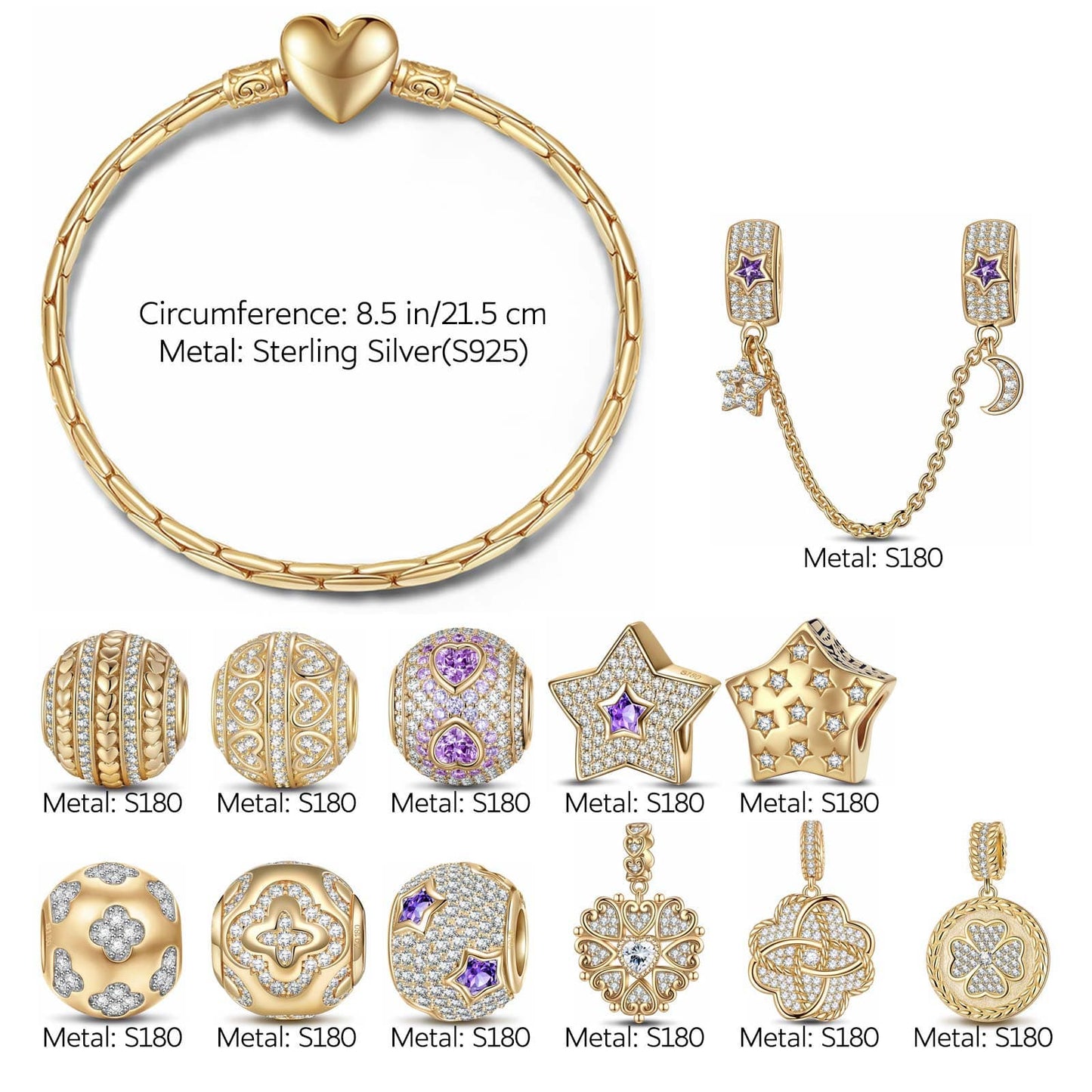 Sterling Silver My Love My Shine Charms Bracelet Set In 14K Gold Plated (Includes bracelet and all charms shown)