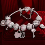 Sterling Silver Romantic Rose Clover Charms Bracelet Set In White Gold Plated (Includes bracelet and all charms shown)