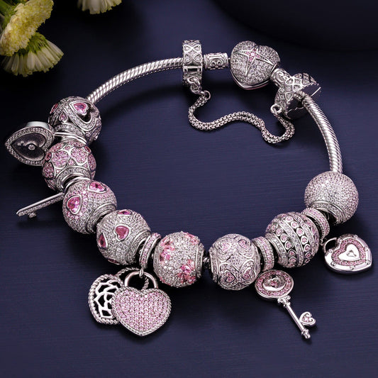 gon- Sterling Silver Romantic Rose Clover Charms Bracelet Set In White Gold Plated (Includes bracelet and all charms shown)