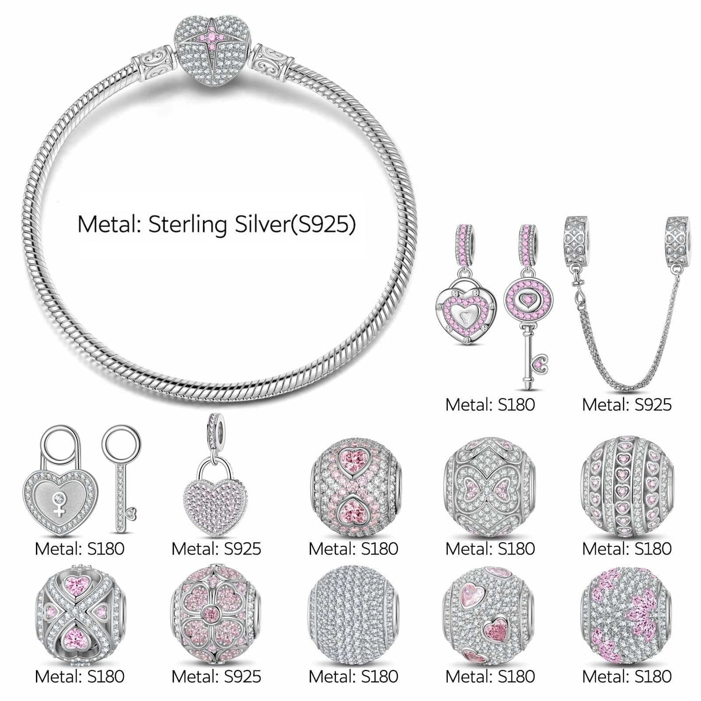 Sterling Silver Romantic Rose Clover Charms Bracelet Set In White Gold Plated (Includes bracelet and all charms shown)
