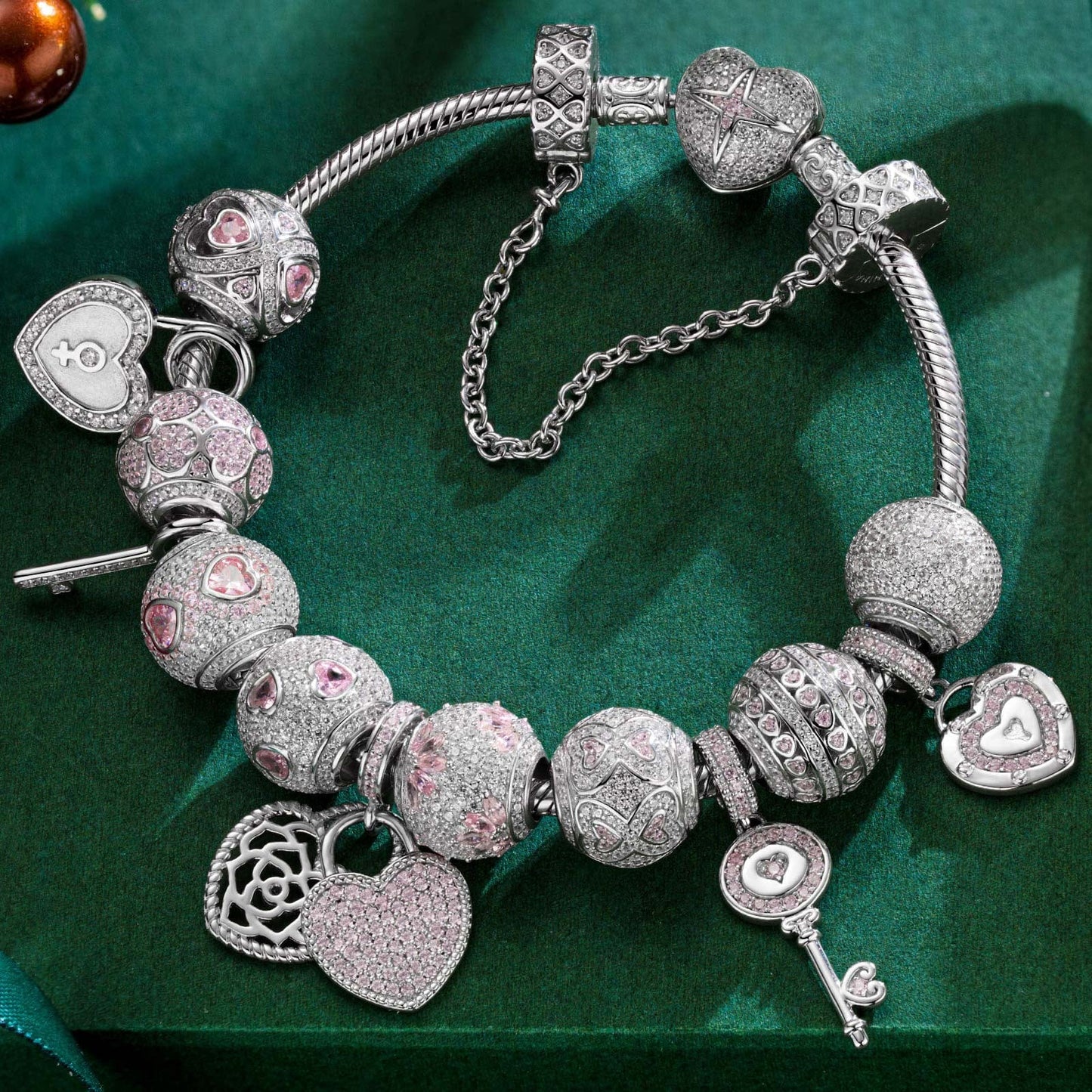 Sterling Silver Romantic Rose Clover Charms Bracelet Set In White Gold Plated (Includes bracelet and all charms shown)