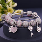 Sterling Silver Romantic Rose Clover Charms Bracelet Set In White Gold Plated (Includes bracelet and all charms shown)