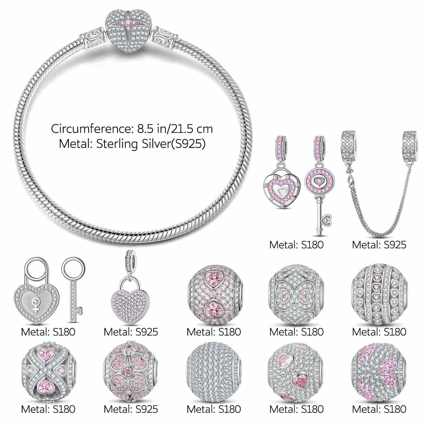 Sterling Silver Romantic Rose Clover Charms Bracelet Set In White Gold Plated (Includes bracelet and all charms shown)