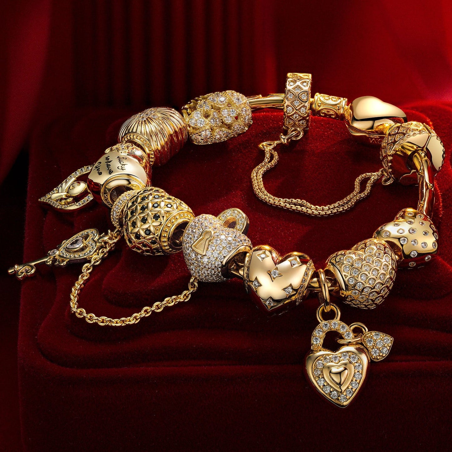 Sterling Silver Golden Heart Charms Bracelet Set In 14K Gold Plated (Includes bracelet and all charms shown)