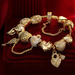 Sterling Silver Golden Heart Charms Bracelet Set In 14K Gold Plated (Includes bracelet and all charms shown)