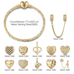 Sterling Silver Golden Heart Charms Bracelet Set In 14K Gold Plated (Includes bracelet and all charms shown)