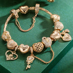 Sterling Silver Golden Heart Charms Bracelet Set In 14K Gold Plated (Includes bracelet and all charms shown)