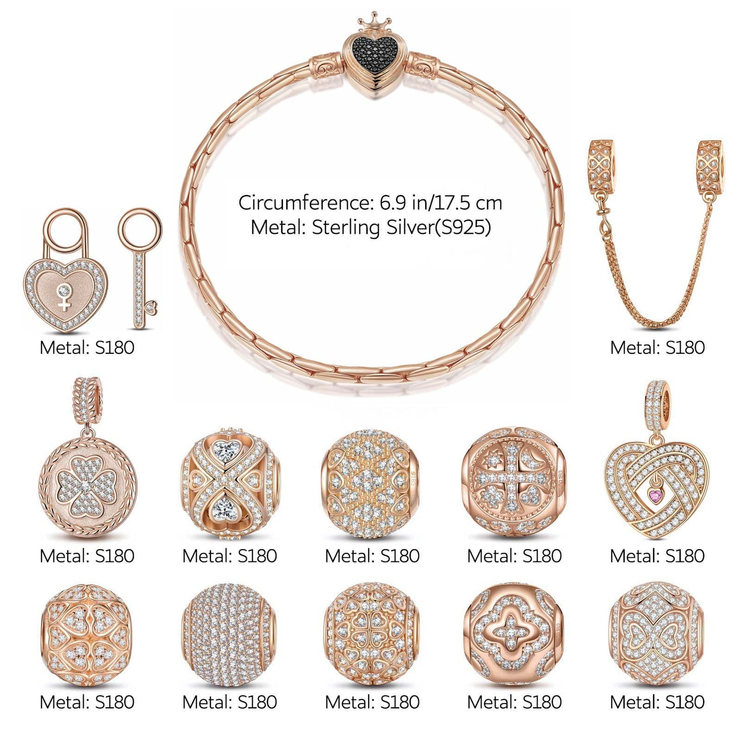 Sterling Silver My Heart, My Love Bamboo Chain Charms Bracelet Set With Enamel In Rose Gold Plated