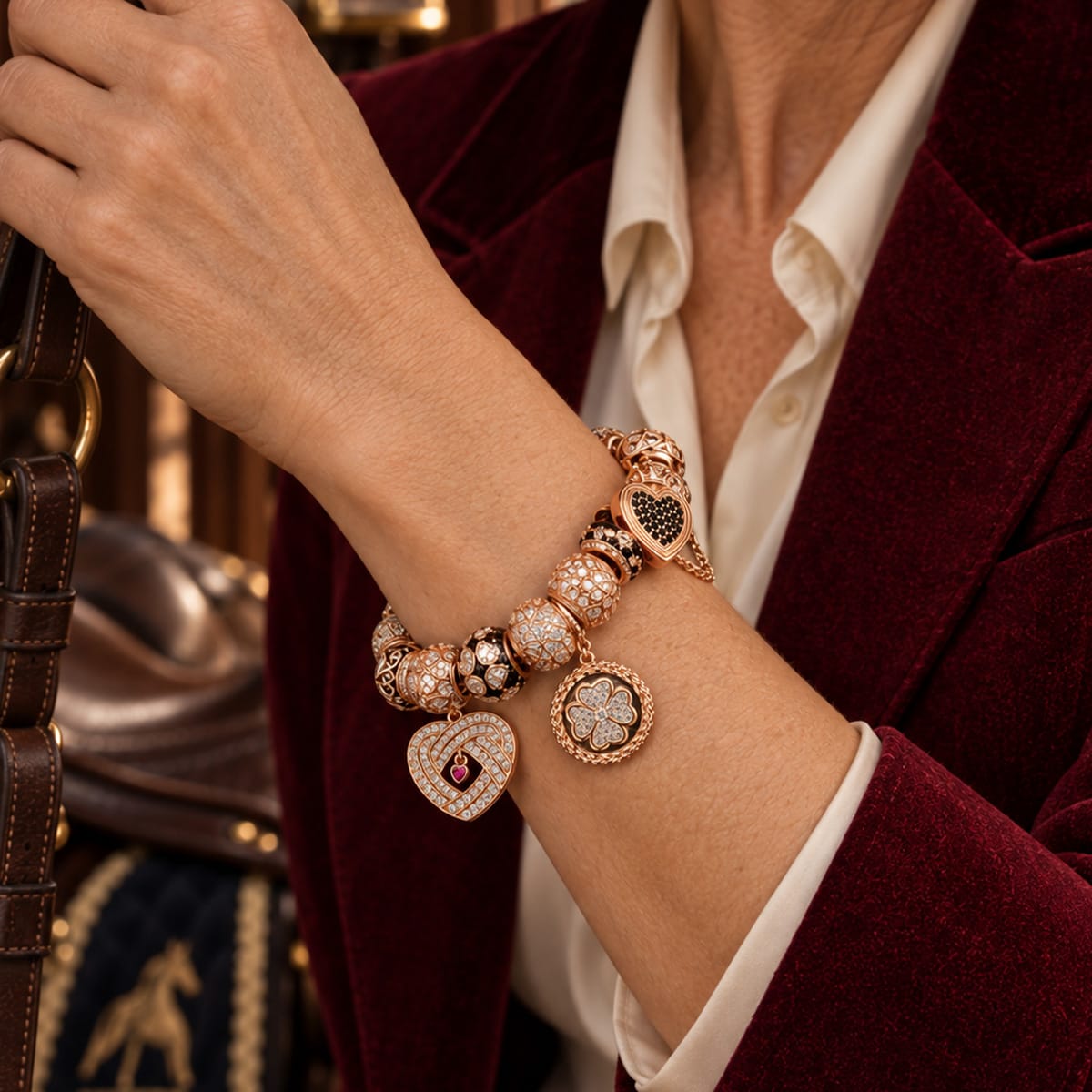 Sterling Silver My Heart, My Love Bamboo Chain Charms Bracelet Set With Enamel In Rose Gold Plated (Includes bracelet and all charms shown)