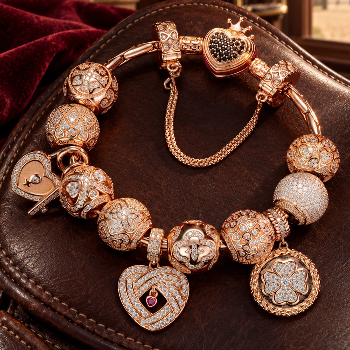 Sterling Silver My Heart, My Love Bamboo Chain Charms Bracelet Set With Enamel In Rose Gold Plated (Includes bracelet and all charms shown)