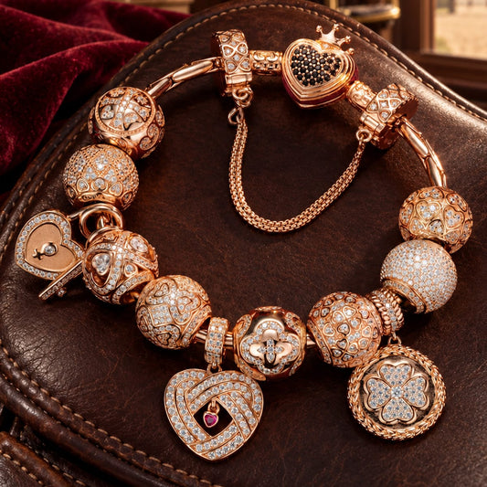 gona- Sterling Silver My Heart, My Love Bamboo Chain Charms Bracelet Set With Enamel In Rose Gold Plated (Includes bracelet and all charms shown)