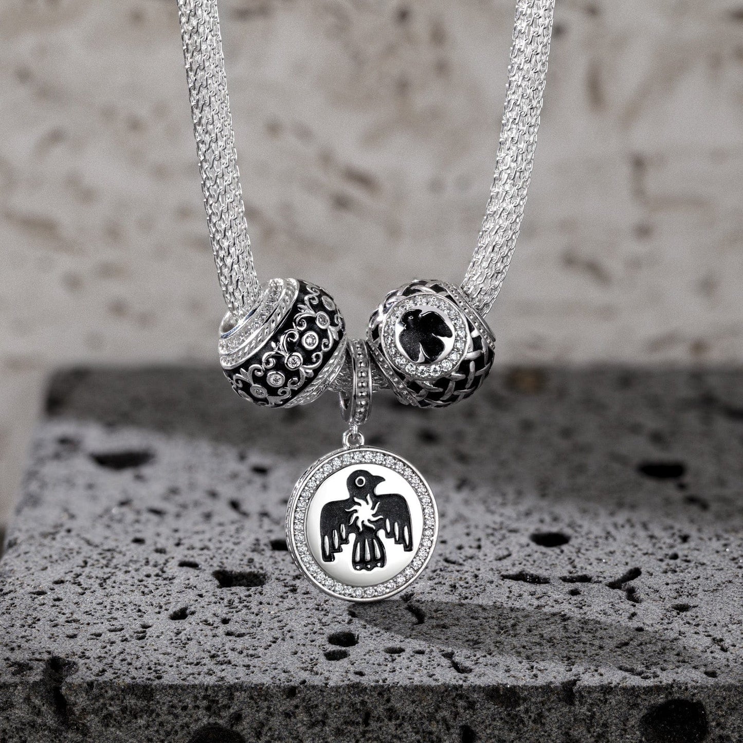 Sterling Silver Thunderbird and Iris Flower XL Size Charms Necklace Set With Enamel In White Gold Plated For Men