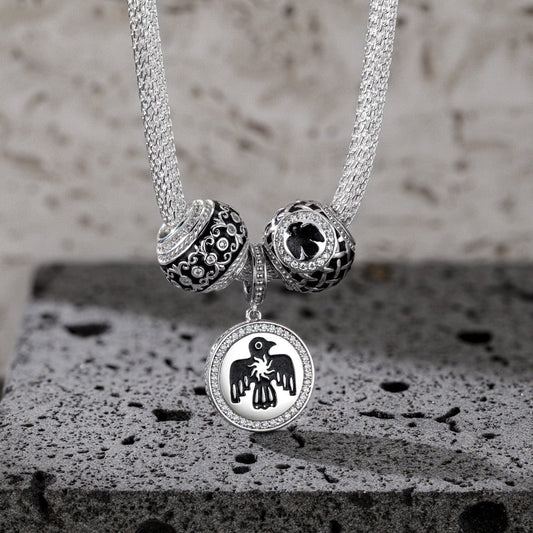 gon- Sterling Silver Thunderbird and Iris Flower XL Size Charms Necklace Set With Enamel In White Gold Plated For Men