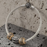 Sterling Silver XL Size Prosperity Charms Bracelet Set With Enamel In White Gold Plated For Men