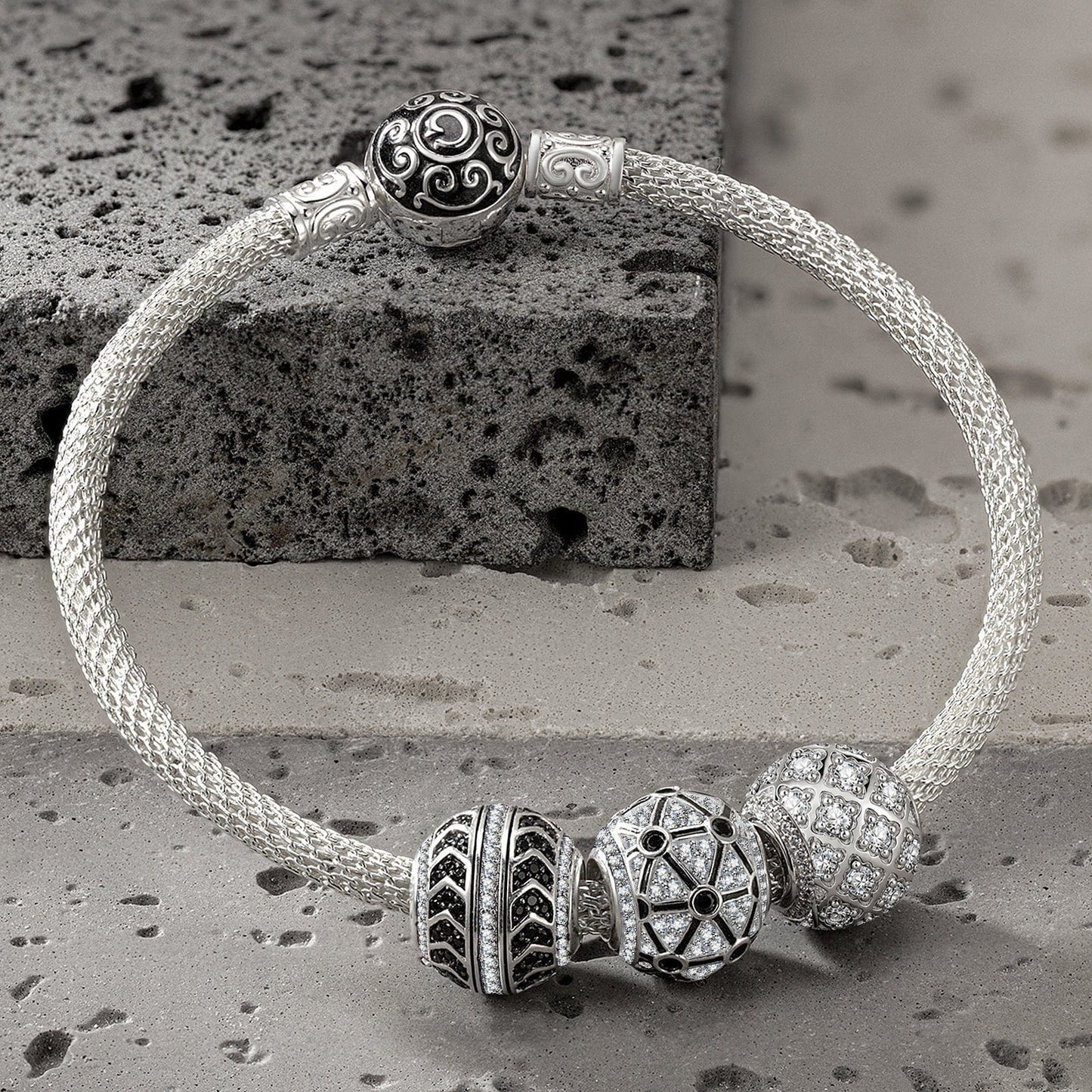 Sterling Silver XL Size Fission Charms Bracelet Set With Enamel In White Gold Plated For Men (Includes bracelet and all charms shown)