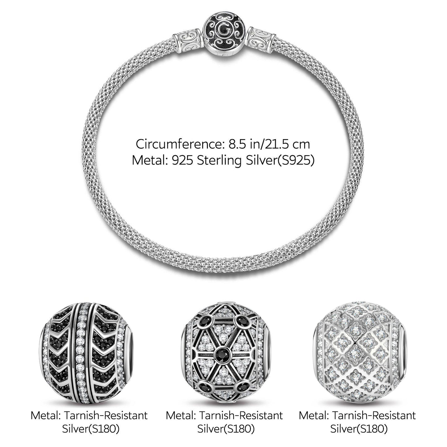 Sterling Silver XL Size Fission Charms Bracelet Set With Enamel In White Gold Plated For Men (Includes bracelet and all charms shown)