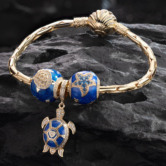 gon- Sterling Silver Sea Turtle Family Charms Bracelet Set With Enamel In 14K Gold Plated