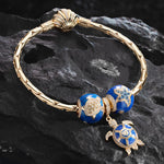 Sterling Silver Sea Turtle Family Charms Bracelet Set With Enamel In 14K Gold Plated