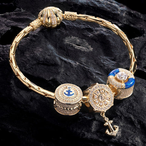 Sterling Silver The captain And His Sailors Charms Bracelet Set With Enamel In 14K Gold Plated (Includes bracelet and all charms shown)