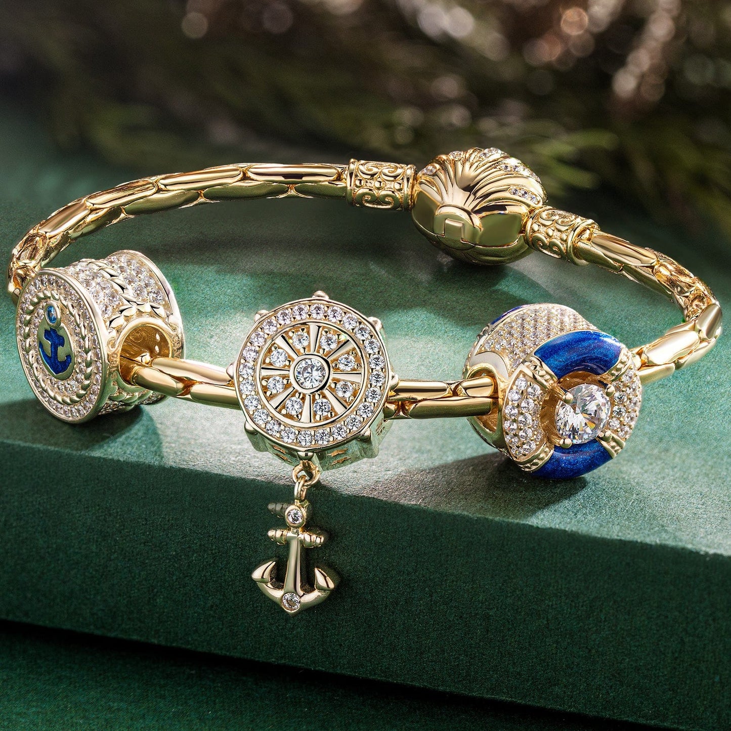 Sterling Silver The captain And His Sailors Charms Bracelet Set With Enamel In 14K Gold Plated