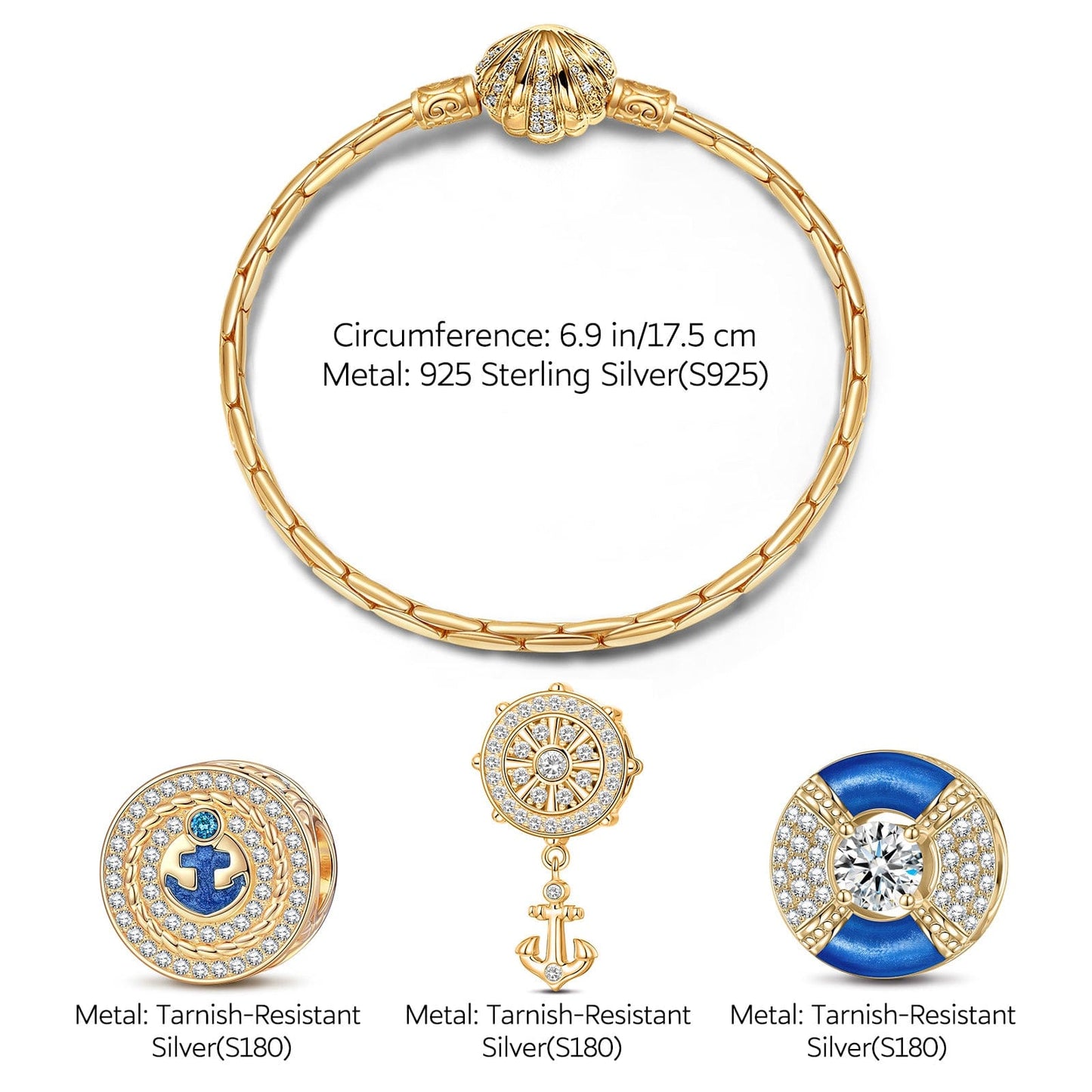 Sterling Silver The captain And His Sailors Charms Bracelet Set With Enamel In 14K Gold Plated