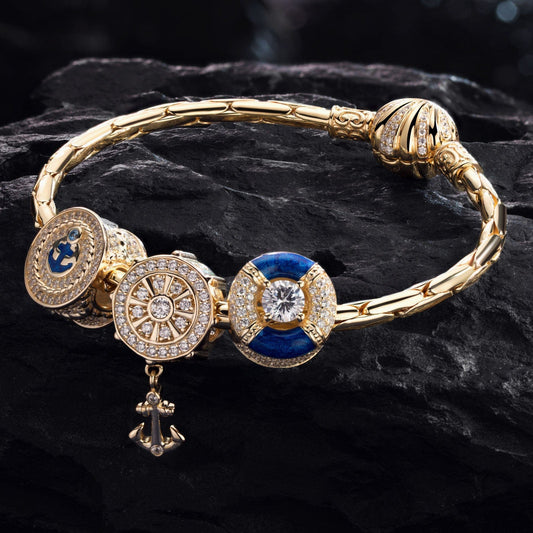 gon- Sterling Silver The captain And His Sailors Charms Bracelet Set With Enamel In 14K Gold Plated