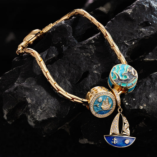 gon- Sterling Silver Voyage Charms Bracelet Set With Enamel In 14K Gold Plated