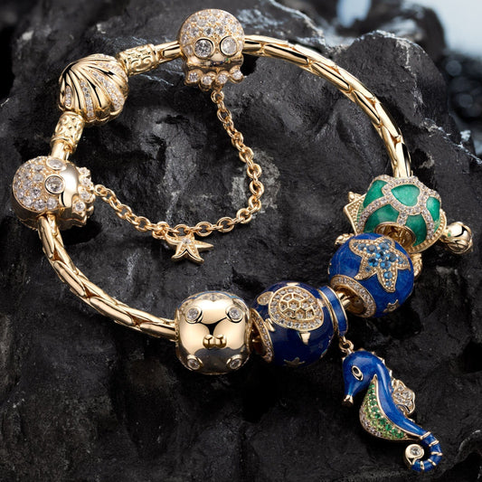 gon- Sterling Silver Underwater Party Charms Bracelet Set With Enamel In 14K Gold Plated