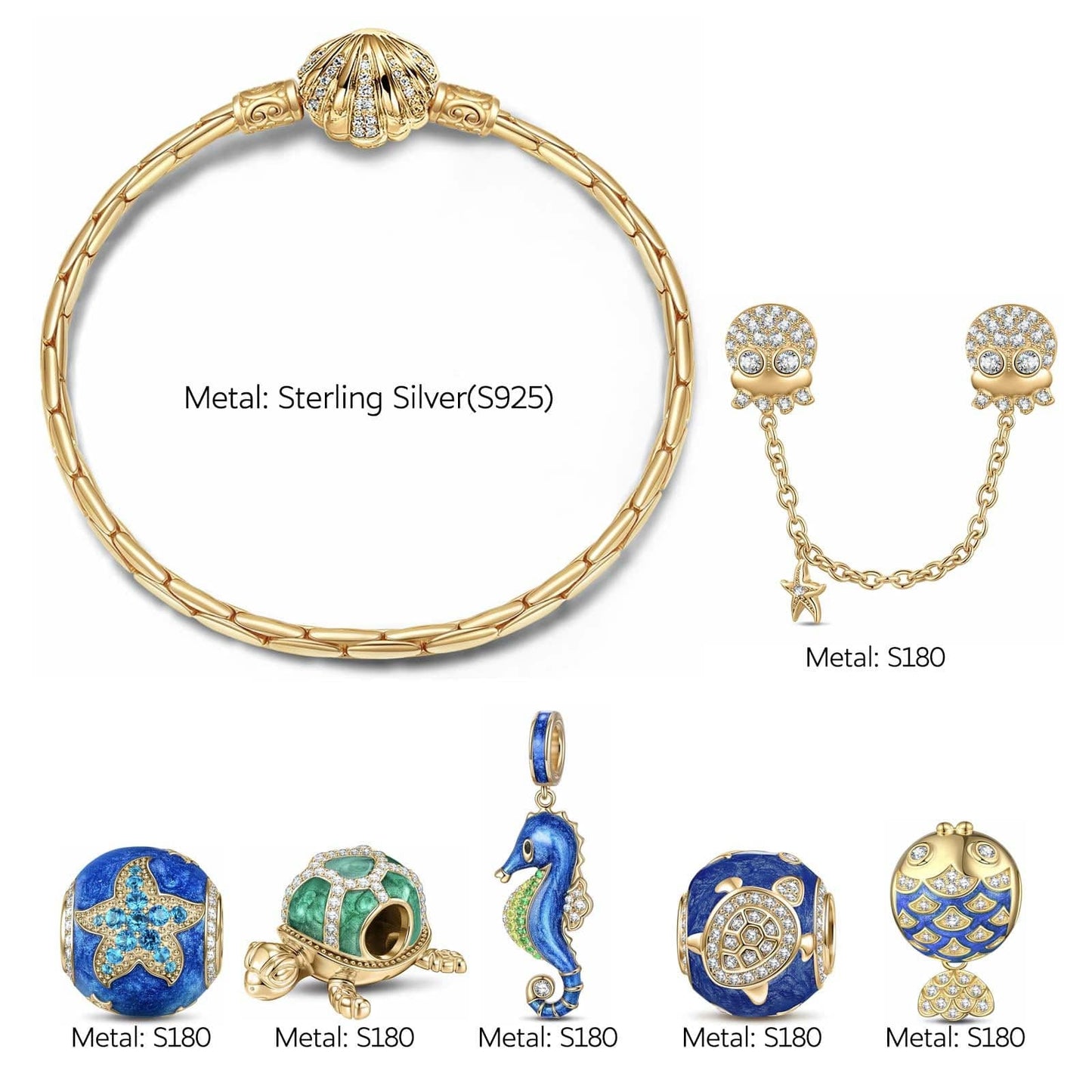 Sterling Silver Underwater Party Charms Bracelet Set With Enamel In 14K Gold Plated (Includes bracelet and all charms shown)